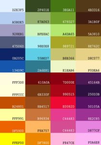 HEX, html, RGB colors. Table